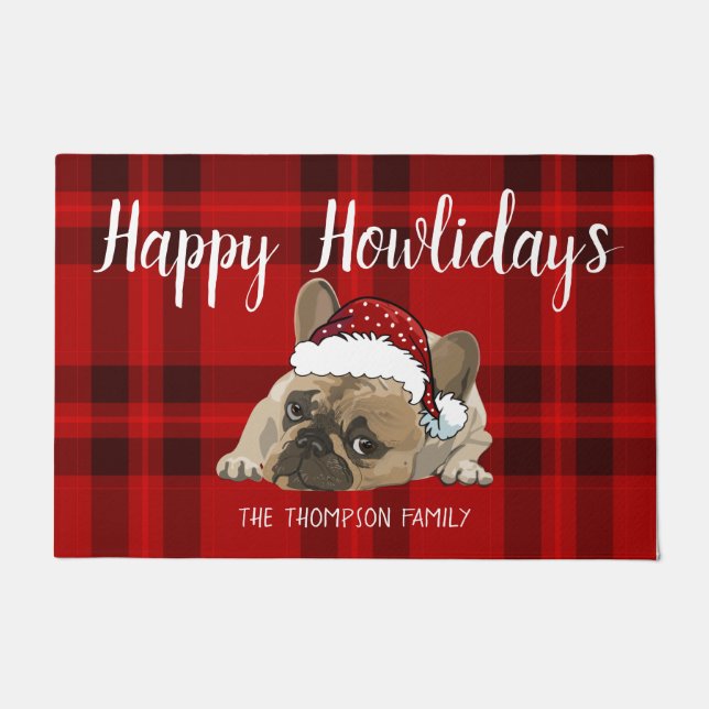 Happy Howlidays Funny Christmas french bulldog red Doormat (Front)