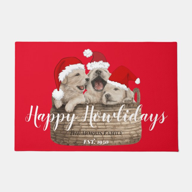 Happy Howlidays funny cute happy bulldog Xmas red Doormat (Front)