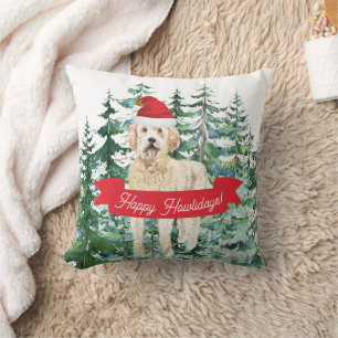 Happy Howlidays Golden Doodle Dog Christmas Cushion