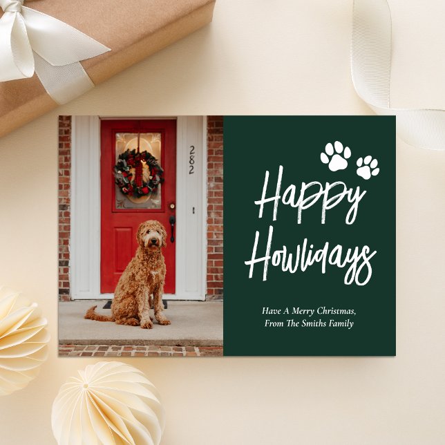 Happy Howlidays Green Calligraphy Pet Photo Holiday Card (Creator Uploaded)