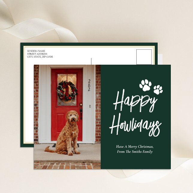 Happy Howlidays Green Calligraphy Pet Photo Holiday Postcard (Creator Uploaded)