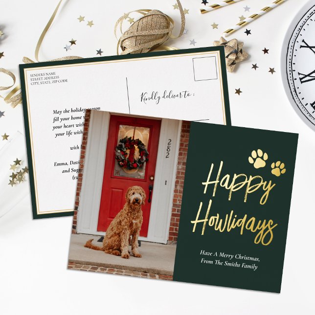 Happy Howlidays Green Gold Calligraphy Pet Photo Foil Holiday Postcard (Creator Uploaded)