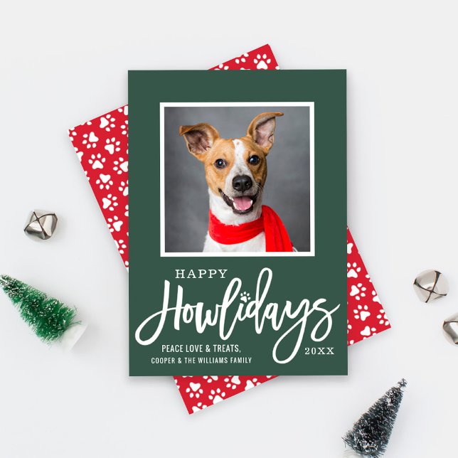 Happy Howlidays Green Paw Print Pet Photo Holiday Card (Creator Uploaded)