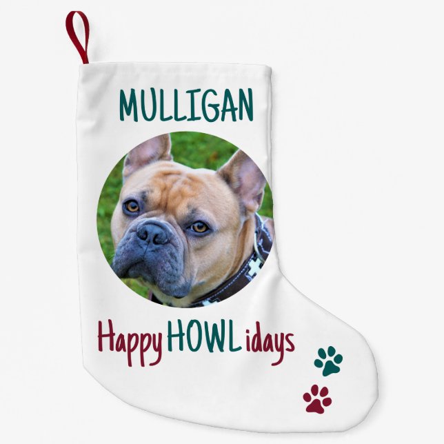 Happy HOWLidays Green Red Christmas Pet Photo Small Christmas Stocking (Front)