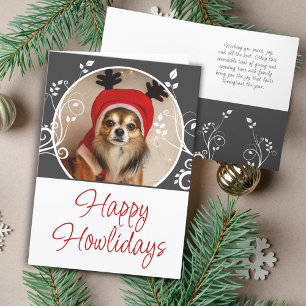 Happy Howlidays Grey Foliage Dog Name Photo Holiday Card