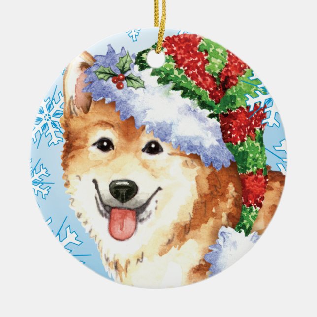 Happy Howlidays Icelandic Sheepdog Ceramic Tree Decoration (Front)