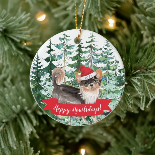 Happy Howlidays Long Haired Chihuahua Christmas Or Ceramic Ornament (Tree)