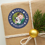 Happy Howlidays Navy Pet Dog Photo Classic Round Sticker<br><div class="desc">Holiday stickers feature a round photo of your favourite puppy dog with festive navy blue "Happy Howlidays" frame that includes white modern text,  paw prints,  stars,  snowflakes,  and dog bone accents. The navy background colour can be customised. These stickers work well as Christmas card envelope seals!</div>