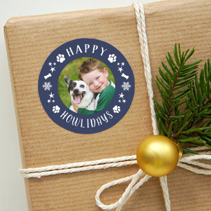 Happy Howlidays Navy Pet Photo Paw Prints Classic Round Sticker
