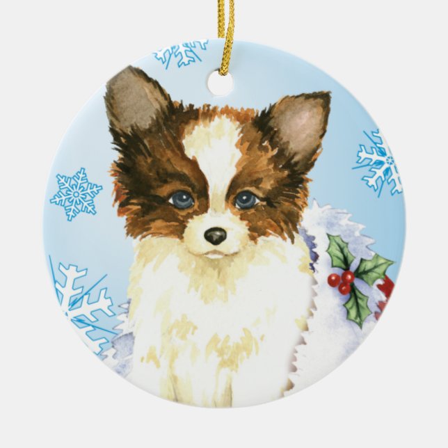 Happy Howlidays Papillon Ceramic Ornament (Front)