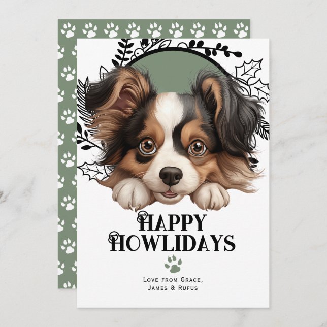Happy Howlidays Papillon Dog Christmas Holiday Card (Front/Back)