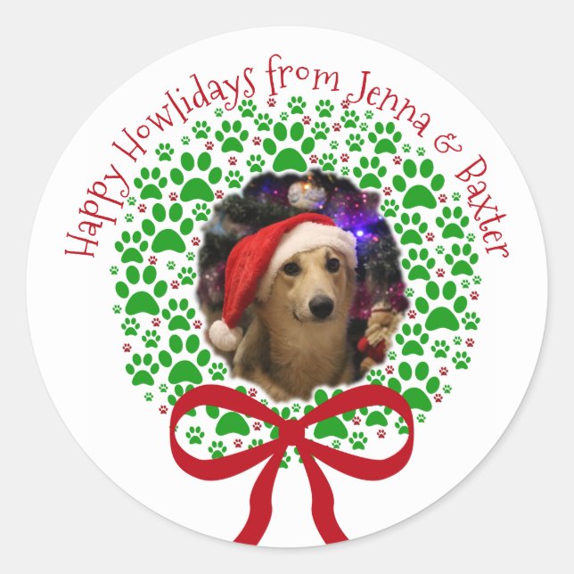 Happy Howlidays Paw Print Christmas Wreath Photo Classic Round Sticker (Front)