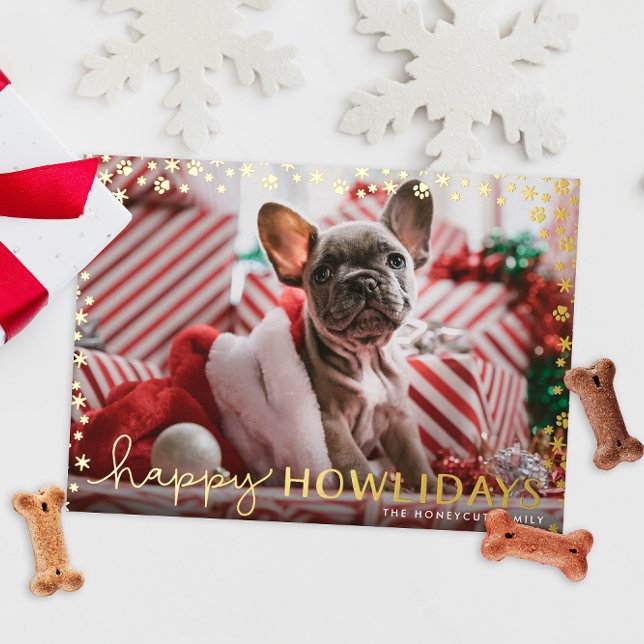 Happy Howlidays Pet Lover Gold Foil Holiday Card (real foil paw prints snowflakes frame cute pet photo happy holidays Christmas cards)