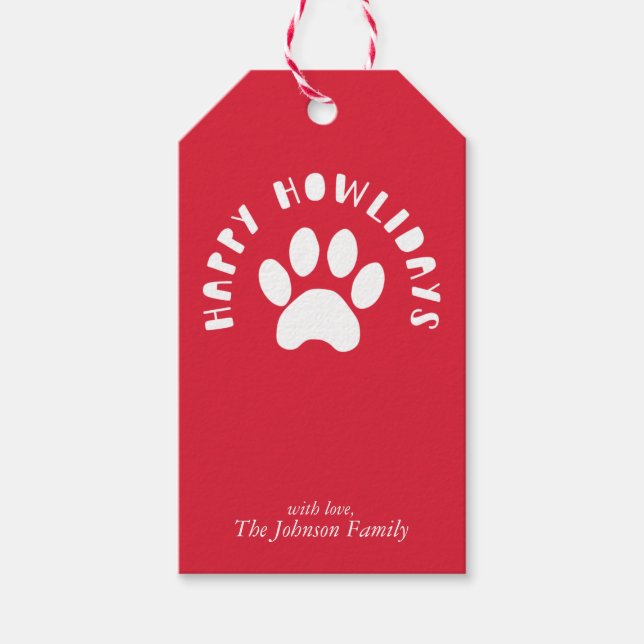 Happy Howlidays Pet Paw Print Personalise Holiday Gift Tags (Front)