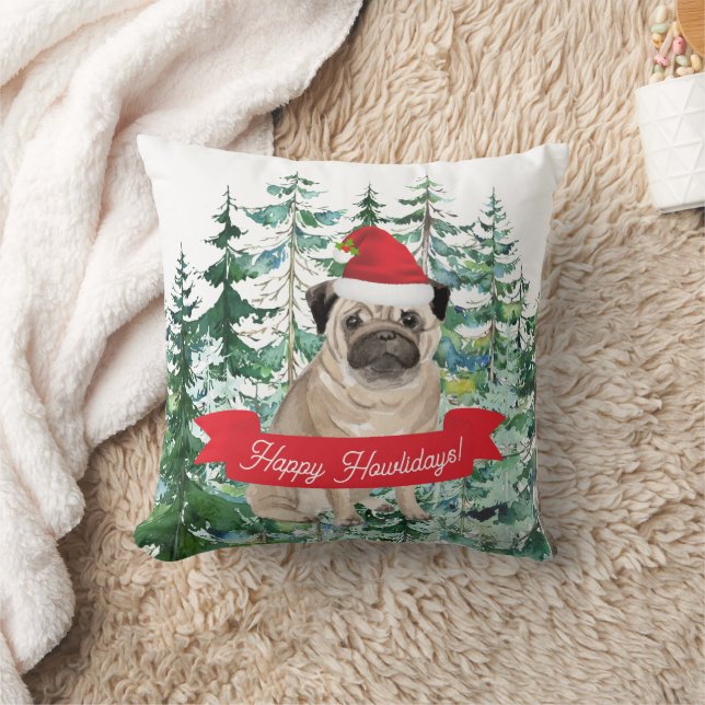 Happy Howlidays Pug Dog Christmas Cushion (Blanket)