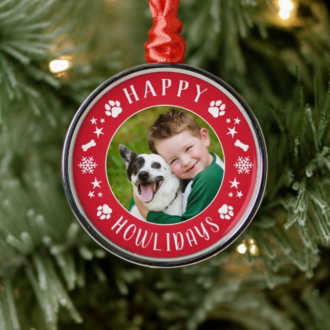 Happy Howlidays Red Custom Dog Photo Metal Ornament (Tree)