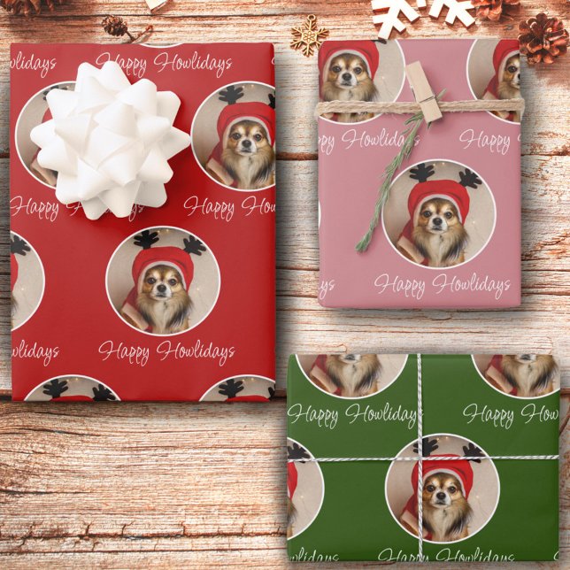 Happy Howlidays Red Green Pink Dog Pet Photo Wrapping Paper Sheet (Creator Uploaded)