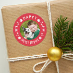 Happy Howlidays Red Pet Dog Photo Classic Round Sticker<br><div class="desc">Holiday stickers feature a round photo of your favourite puppy dog with festive red "Happy Howlidays" frame that includes white modern text,  paw prints,  stars,  snowflakes,  and dog bone accents. The red background colour can be customised. These stickers work well as Christmas card envelope seals!</div>
