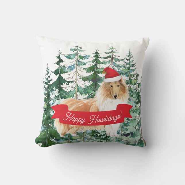 Happy Howlidays Rough Collie Dog Christmas Cushion (Front)