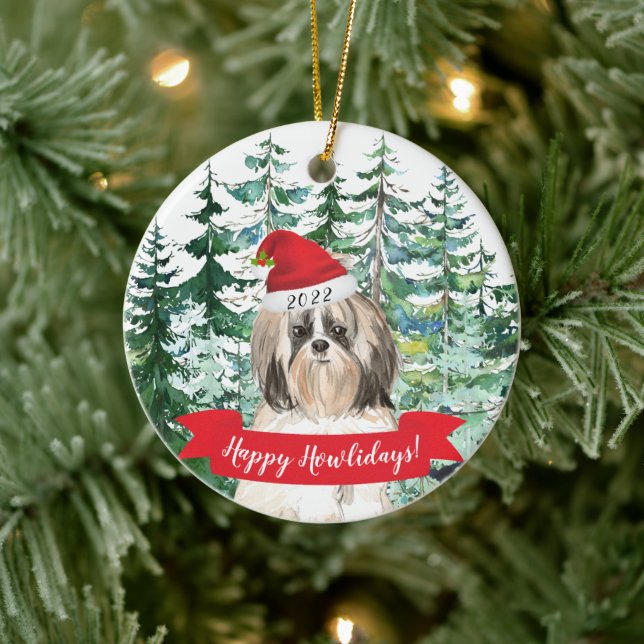 Happy Howlidays Shih tzu Longer Hair Dog Christmas Ceramic Ornament (Tree)