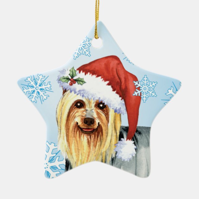Happy Howlidays Silky Terrier Ceramic Tree Decoration (Front)