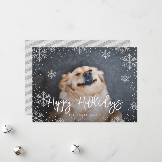 Happy Howlidays Silver Snowflakes Pet Photo Holiday Card (Front/Back In Situ)
