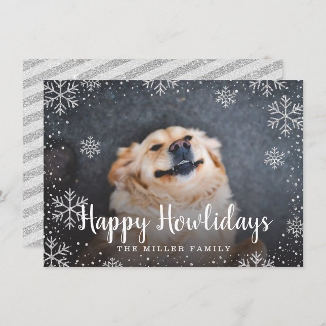 Happy Howlidays Silver Snowflakes Pet Photo Invitation (Front/Back)