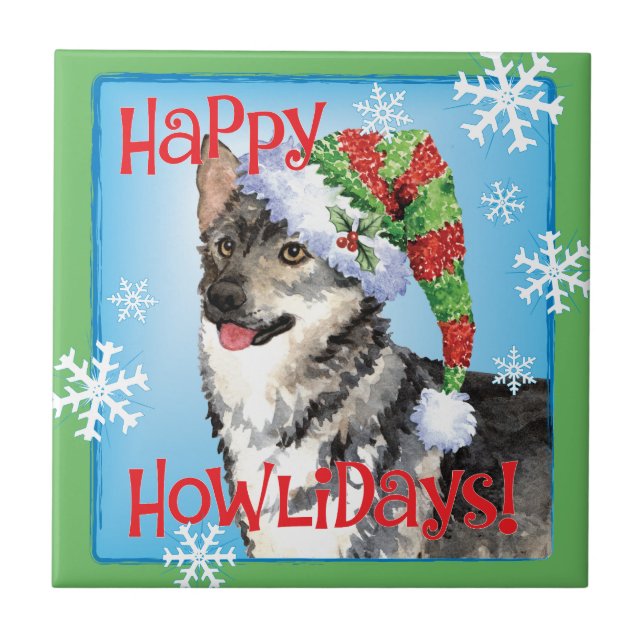 Happy Howlidays Swedish Vallhund Ceramic Tile (Front)