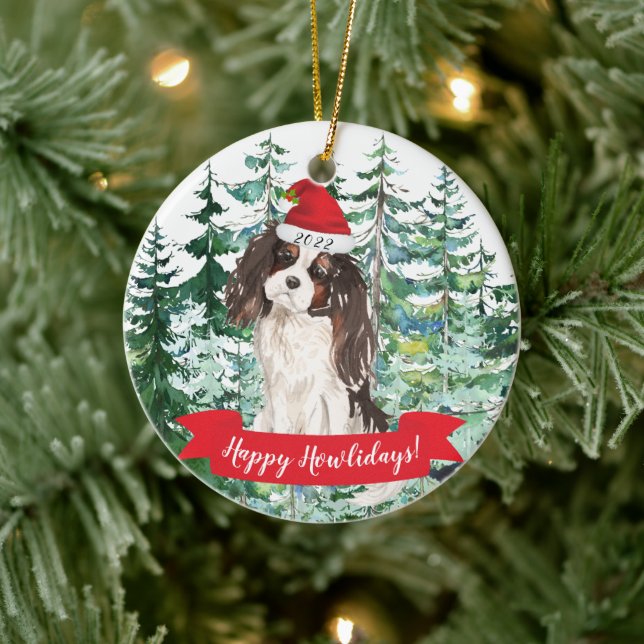 Happy Howlidays Tri colour King Charles Christmas  Ceramic Ornament (Tree)