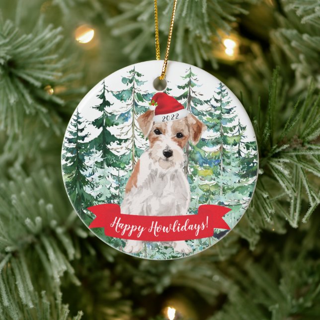 Happy Howlidays Wire Haired Jack Russell Christmas Ceramic Ornament (Tree)