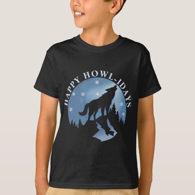 Happy Howlidays with Howling Wolf and Moon T-Shirt (Front)