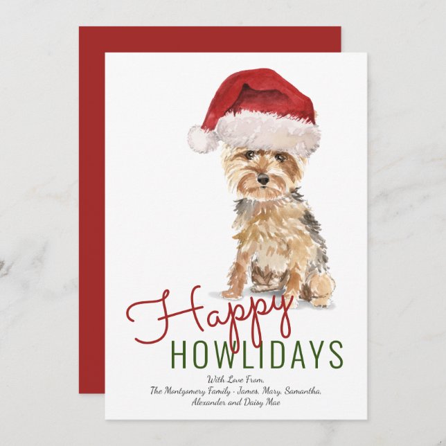 Happy Howlidays Yorkshire Terrier Santa Hat Holiday Card (Front/Back)