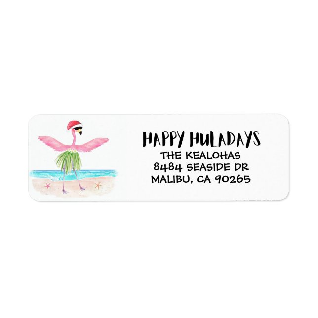 Happy Huladays Flamingo Santa Tropical Christmas Return Address Label (Front)
