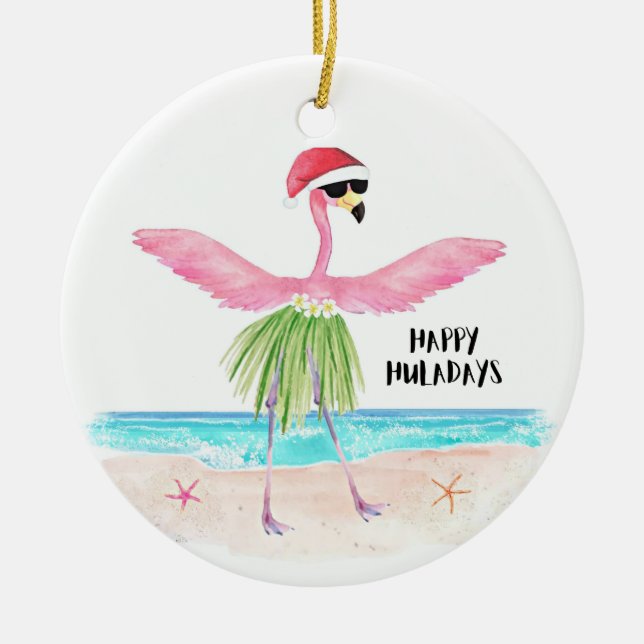 Happy Huladays Flamingo Tropical Beach Christmas Ceramic Ornament (Front)