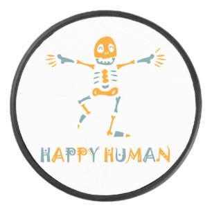 Happy human skeleton ceramic tile hockey puck