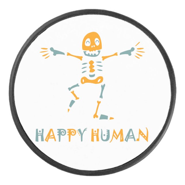 Happy human skeleton ceramic tile hockey puck (Front)