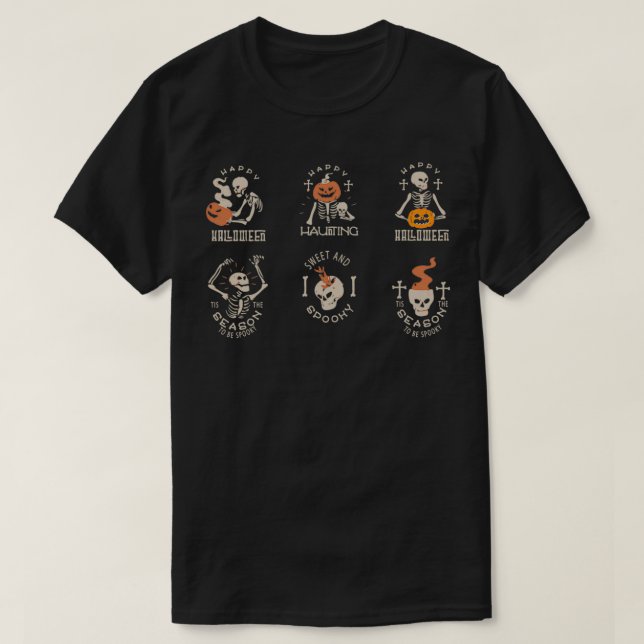 Happy Hunting with spooky skeletons and pumpkin fa T-Shirt (Design Front)