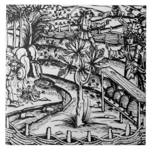 Happy husbandsmen tending bees, illustration from ceramic tile