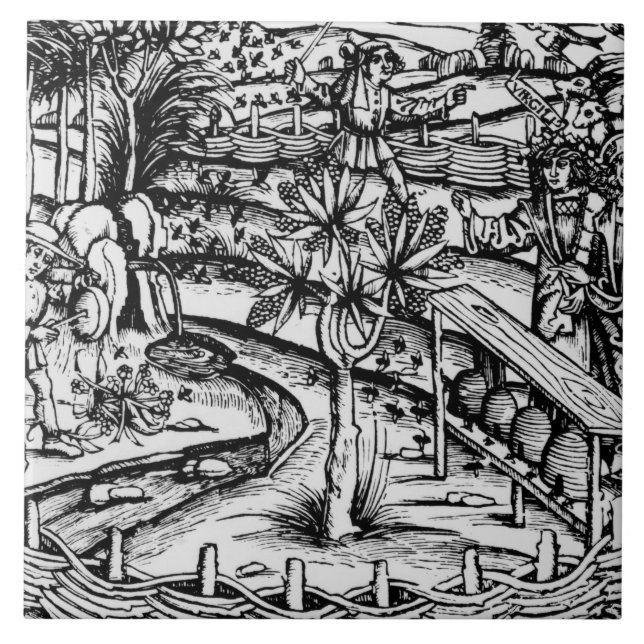 Happy husbandsmen tending bees, illustration from ceramic tile (Front)