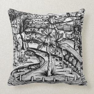 Happy husbandsmen tending bees, illustration from cushion