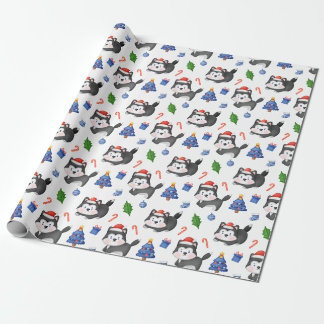 Happy Husky Christmas Pattern Wrapping Paper (Unrolled)