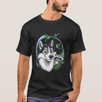 Happy Husky with Racoon and Hummingbirds T-Shirt