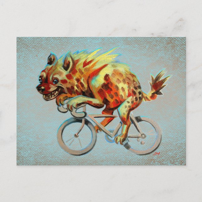 Happy Hyena Riding A Bike on a Blue Background Postcard (Front)