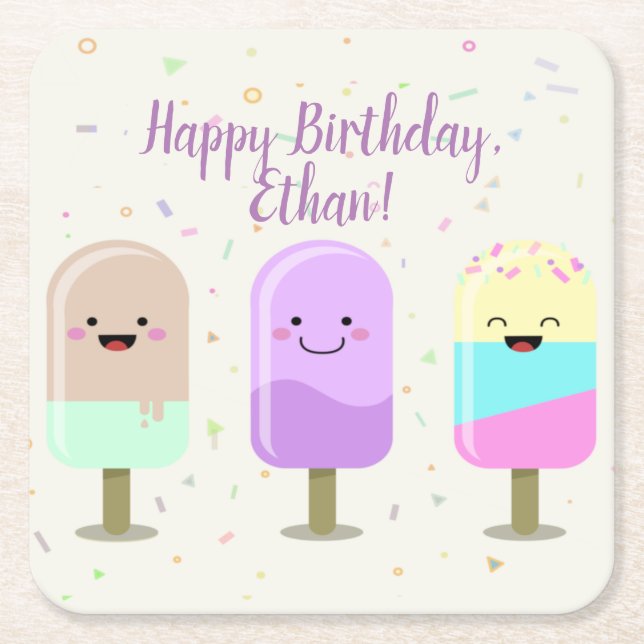 Happy Ice Cream Smiling Bars & Popsicles Square Paper Coaster (Front)