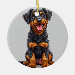 Happy Illustration of a Black and Tan Dog Ceramic Ornament