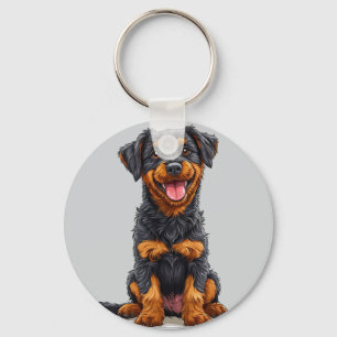 Happy Illustration of a Black and Tan Dog Key Ring