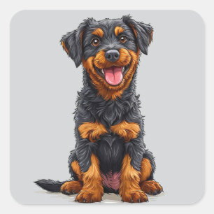 Happy Illustration of a Black and Tan Dog Square Sticker