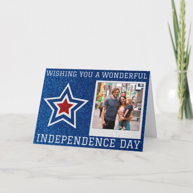 Happy Independence Day Photo Glitter Card (Front)