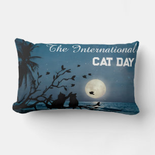 Happy International Cat Day Black Cat Under Moon Lumbar Cushion