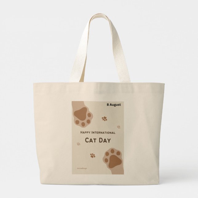happy international cat day cute paw print design large tote bag (Back)